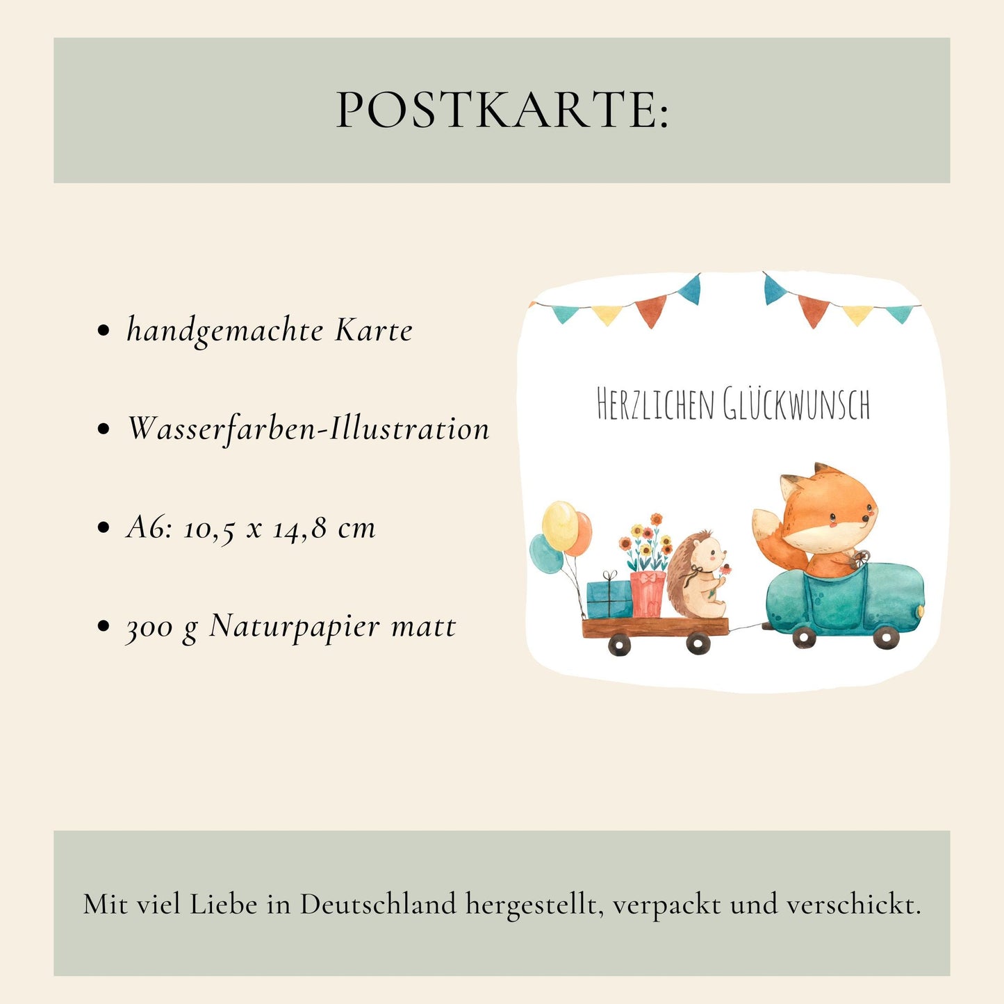 Karte Kindergeburtstag Igel und Fuchs A6: Handgemachte A6-Karte mit Aquarellmotiv von Fuchs im Spielzeugauto, Igel, Geschenken, Blumen und Herzlichen Glückwunsch-Schriftzug, auf 300g Naturpapier matt.