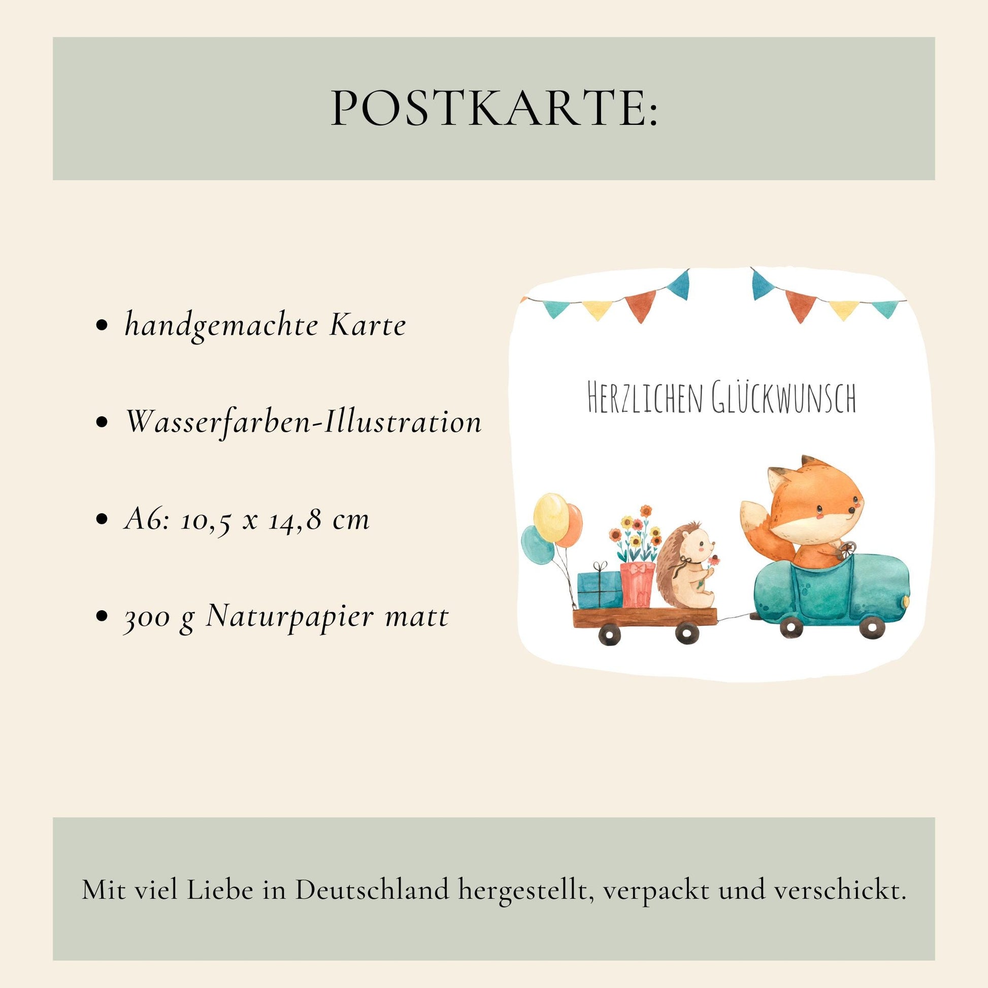 Karte Kindergeburtstag Igel und Fuchs A6: Handgemachte A6-Karte mit Aquarellmotiv von Fuchs im Spielzeugauto, Igel, Geschenken, Blumen und Herzlichen Glückwunsch-Schriftzug, auf 300g Naturpapier matt.