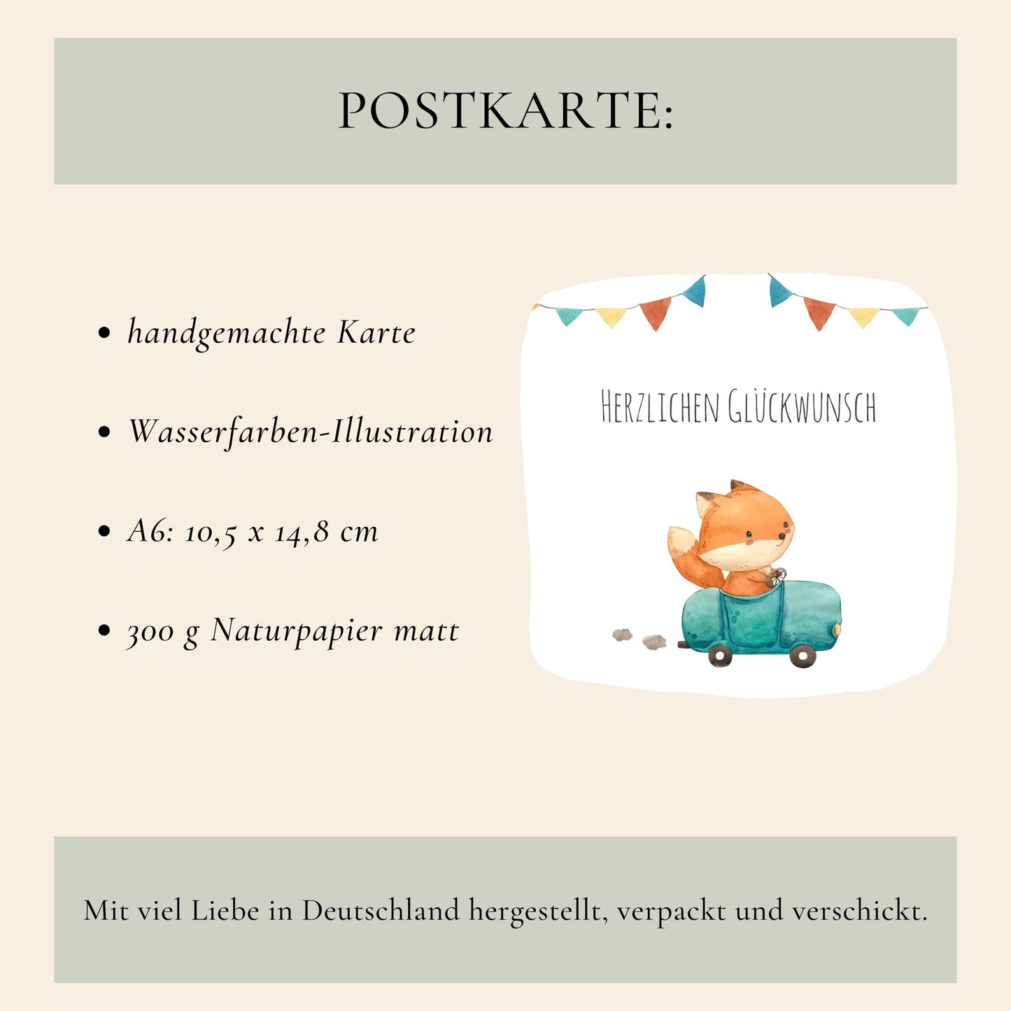 Karte Kindergeburtstag Fuchs & Auto A6: Handgemachte A6-Postkarte mit Wasserfarben-Fuchs im Auto, Glückwunschtext und bunter Wimpelkette; auf mattem Naturpapier gedruckt.