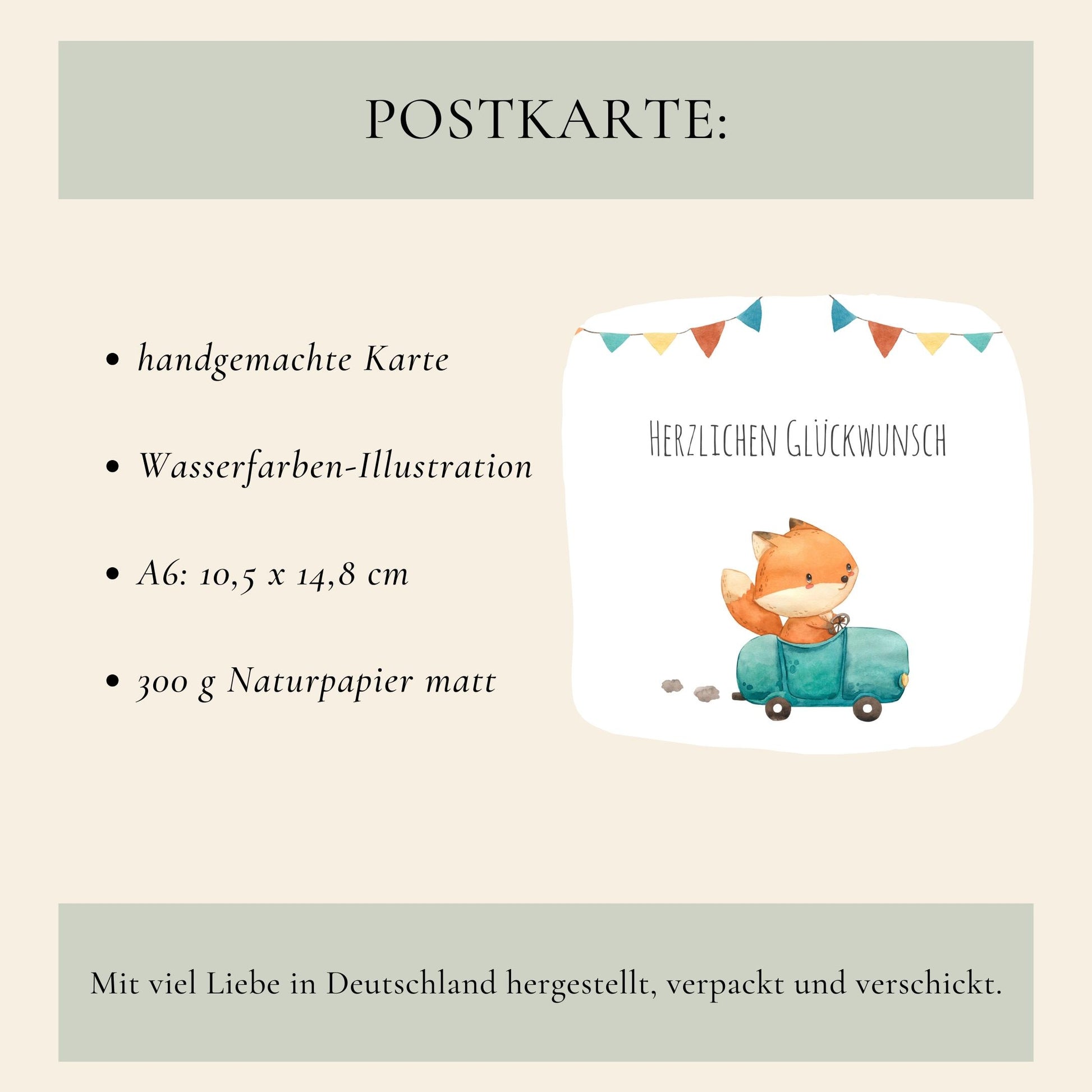 Karte Kindergeburtstag Fuchs & Auto A6: Handgemachte A6-Postkarte mit Wasserfarben-Fuchs im Auto, Glückwunschtext und bunter Wimpelkette; auf mattem Naturpapier gedruckt.