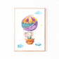 Posterset Himmelsstürmer mit Aquarell-Elefant im Heißluftballon, gelb-lila-türkis gemustert, in Holzrahmen. Ideal für Kinderzimmerdeko oder als Geschenk.