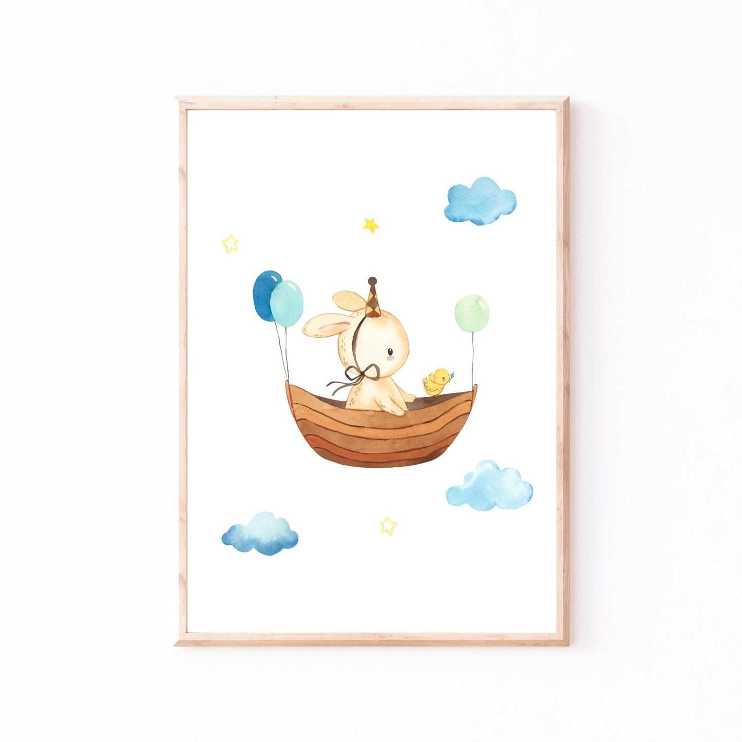 Posterset Himmelsstürmer Elefant, Hase und Fuchs A4 & A3: Aquarell-Druck mit Hase im Ruderboot, Partyhut, Ballons, Küken und Himmelselementen, perfekt für Kinderzimmer.