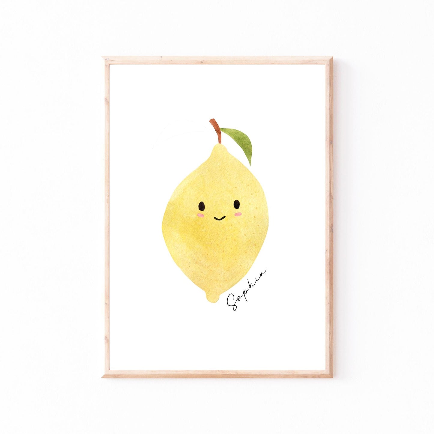 Namensposter Zitrone A3 & A4 zeigt eine kawaii Zitrone mit Gesicht, handgemalte Aquarellkunst, personalisierbar mit Namen, ideal als Kinderzimmerdekoration.