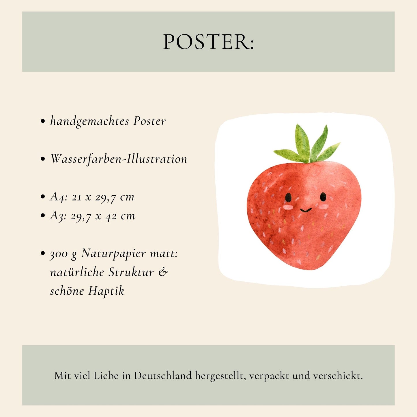 Handgemachtes Namensposter Erdbeere in A3 und A4, zeigt eine lächelnde Erdbeere, personalisierbar, gedruckt auf 300 g/m² Naturpapier, ideal für Kinderzimmer.
