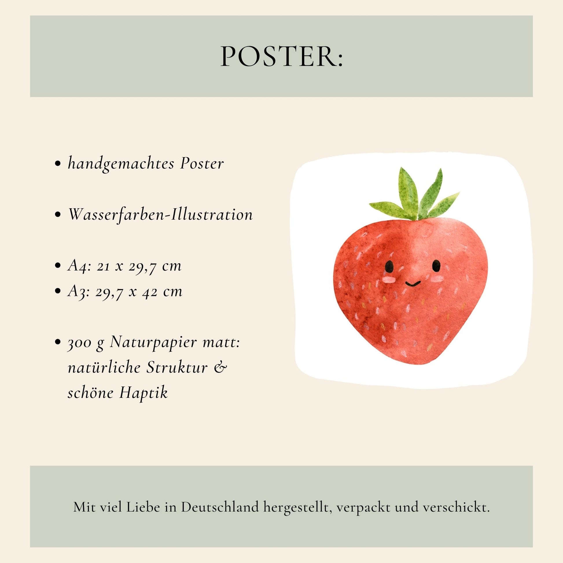 Handgemachtes Namensposter Erdbeere in A3 und A4, zeigt eine lächelnde Erdbeere, personalisierbar, gedruckt auf 300 g/m² Naturpapier, ideal für Kinderzimmer.