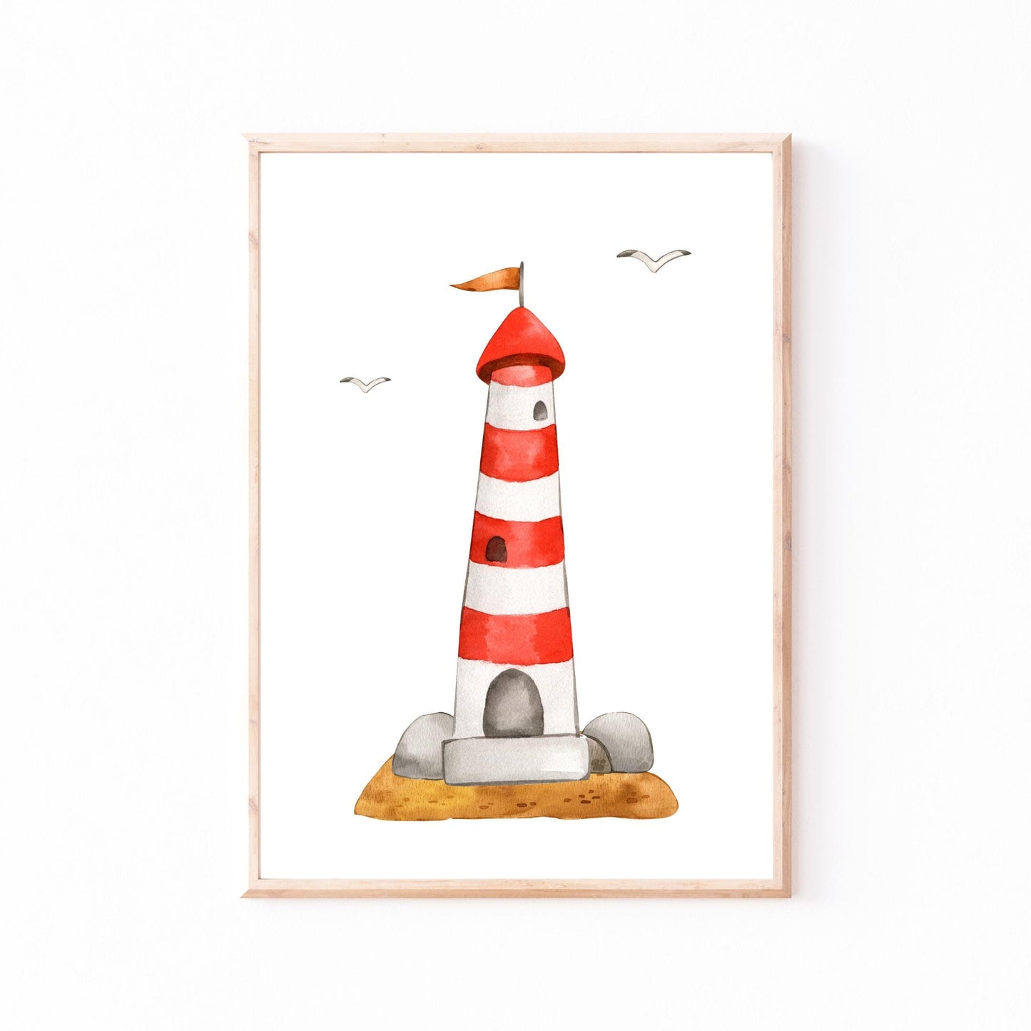 Leuchtturm Poster in Aquarellstil mit rot-weiß gestreiftem Turm und rotem Dach, auf sandigem Felsen, umgeben von fliegenden Möwen, ohne Rahmen.