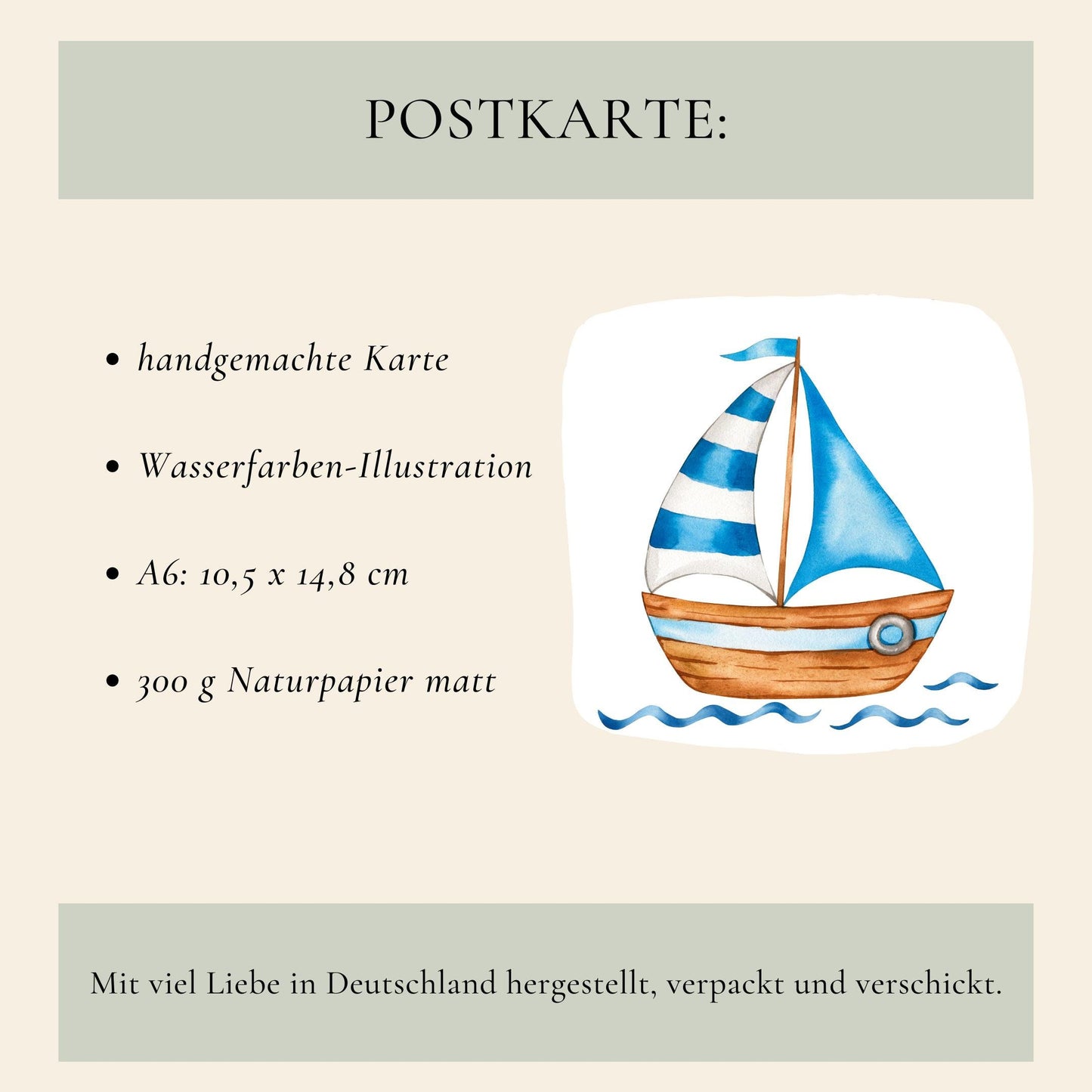 Postkarte Segelboot A6 mit handgemalter Wasserfarben-Illustration eines Segelboots, gedruckt auf 300 g mattem Naturpapier. Größe: 10,5 × 14,8 cm.