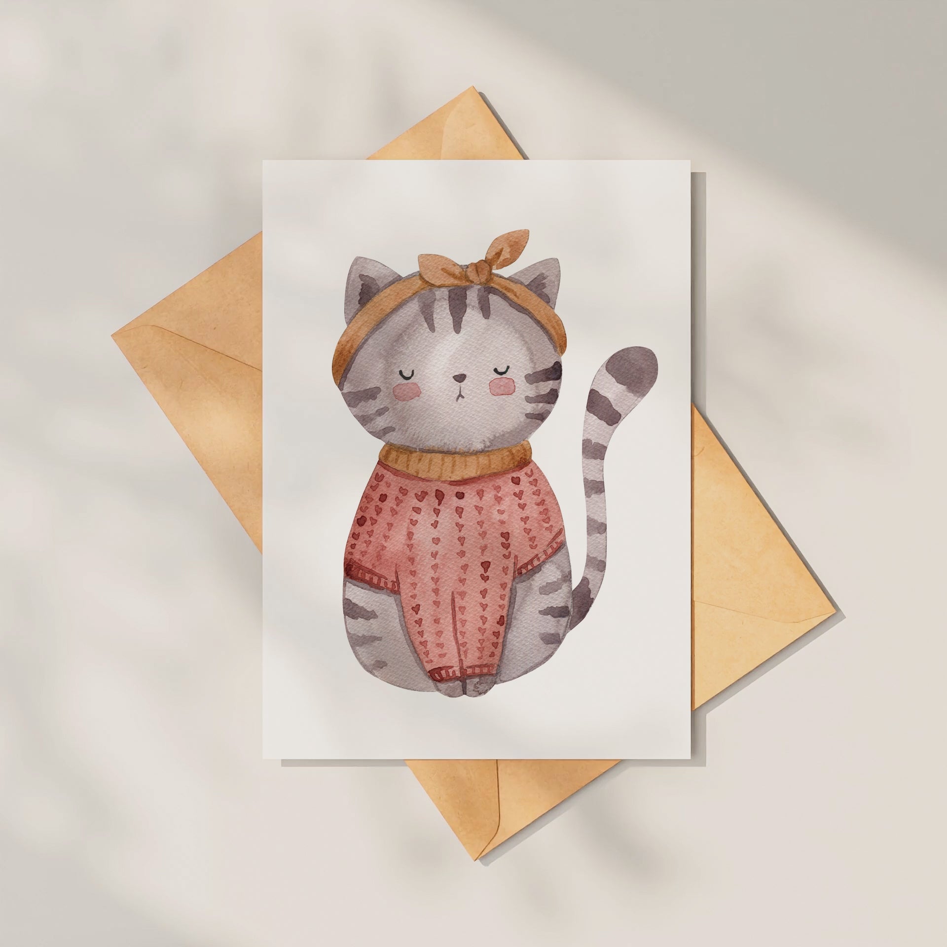Postkarte  Katze Vintage A6: Illustration einer fantasievollen Katze in einem Pullover, ideal als Grußkarte oder als Geschenk, auf hochwertigem 300g Naturpapier gedruckt.