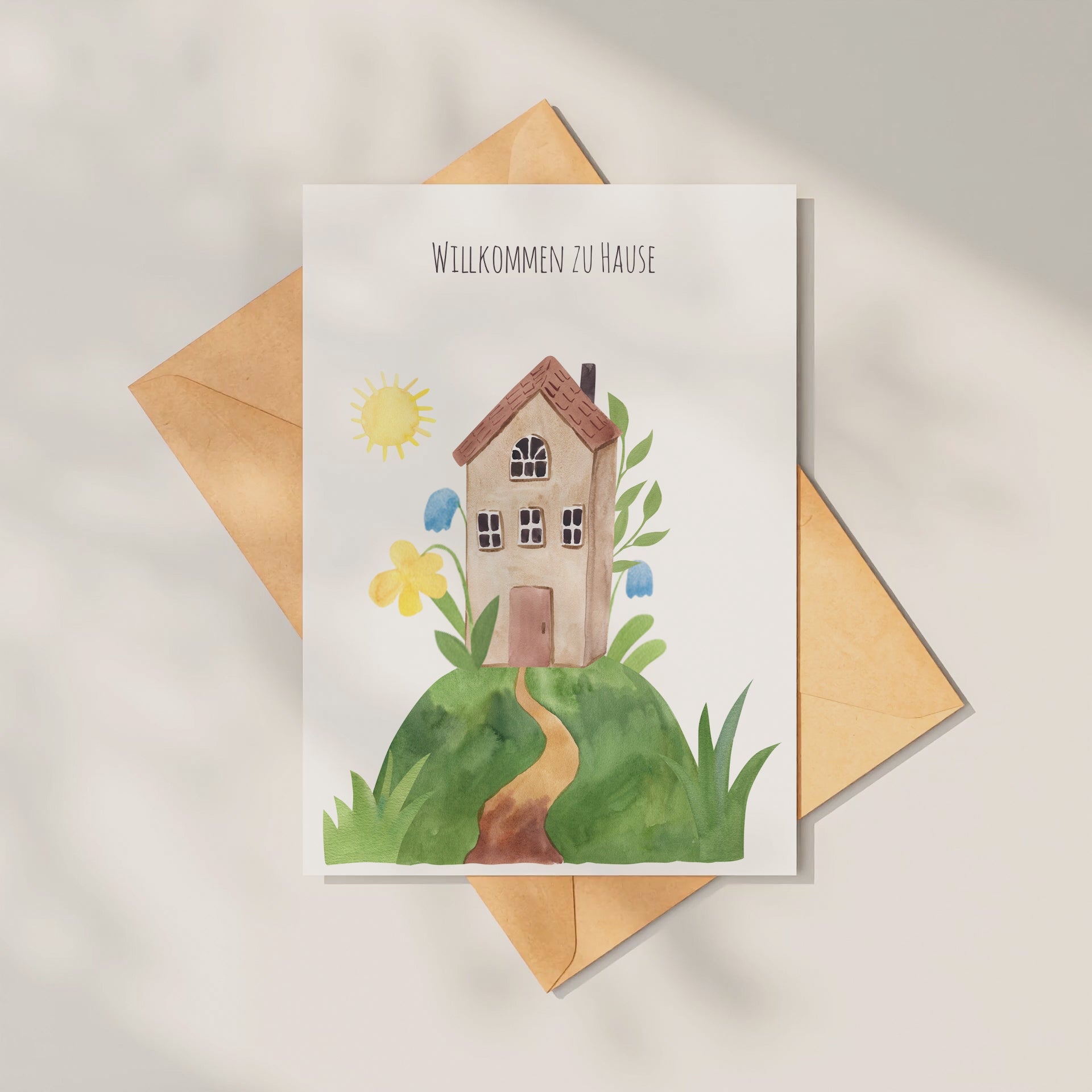 Postkarte mit Aquarellmotiv: Hause auf einem Hügel, gedruckt auf hochwertigem, mattem 300g Naturpapier, Größe A6, beschreibbar und bestempelbar, ideal für Einzug/Umzug. Video