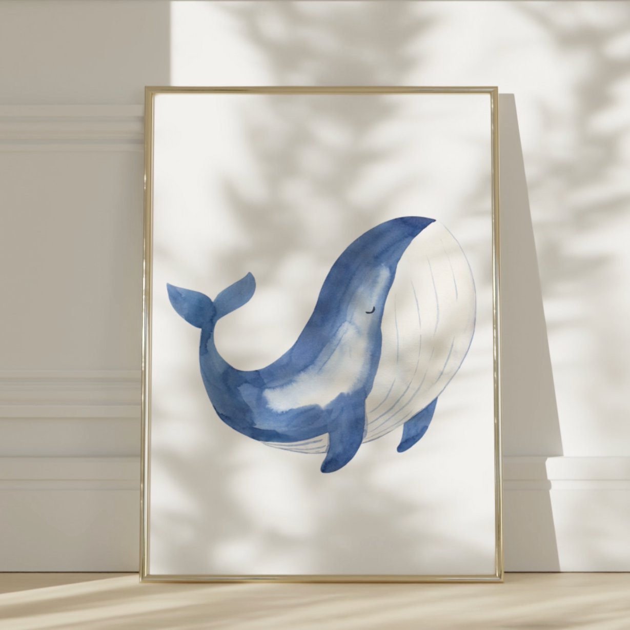 Poster Wal A4 & A3 zeigt einen handgemalten Aquarell Wal auf weißem Hintergrund, ideal als Kinderzimmerdeko und Geschenk. Gedruckt auf hochwertigem, mattem 300g Naturpapier.