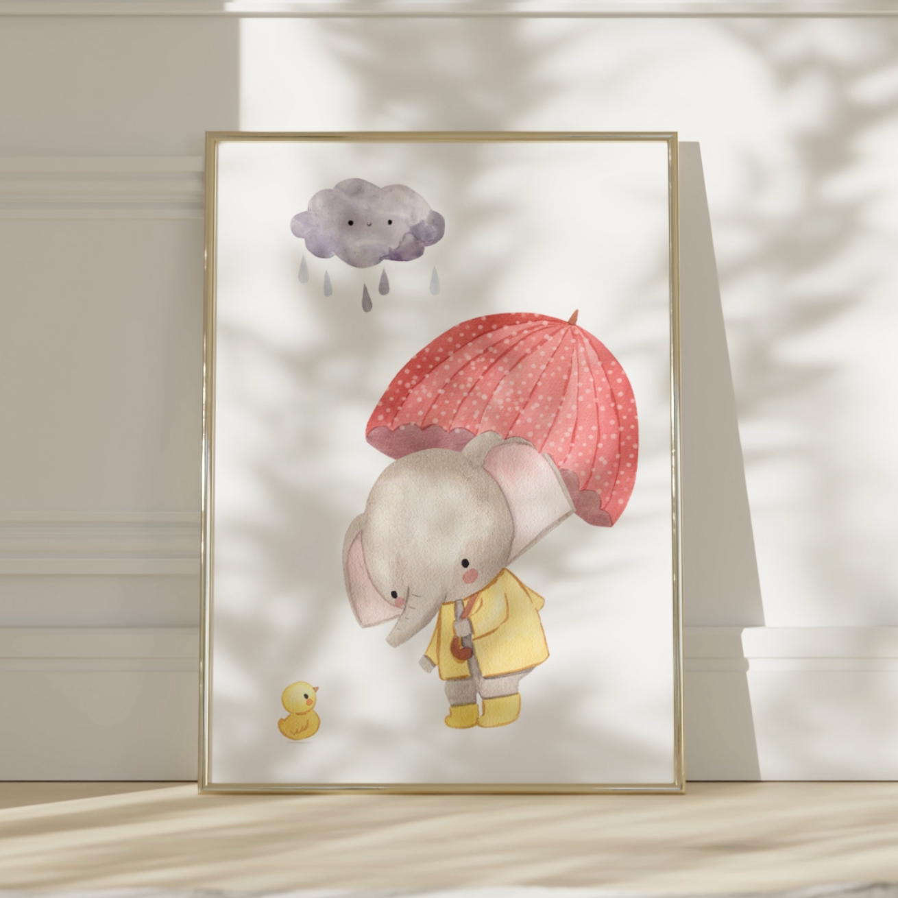 Poster Elefant mit Regenschirm A4 & A3: Aquarell-Elefant im gelben Regenmantel, Regenschirm und Entchen, perfekt für das Kinderzimmer. Hochwertiger Druck auf mattem Naturpapier. Video