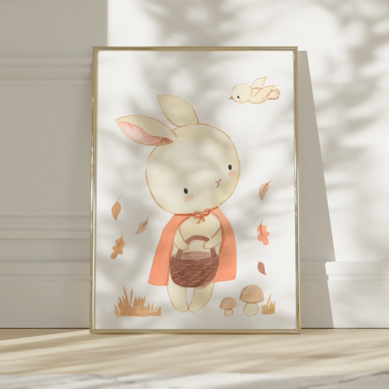 Poster Hase Rotkäppchen in A4 & A3: Aquarell Hase mit Korb und rotem Umhang im Herbst, ideal für Kinderzimmer.  Video