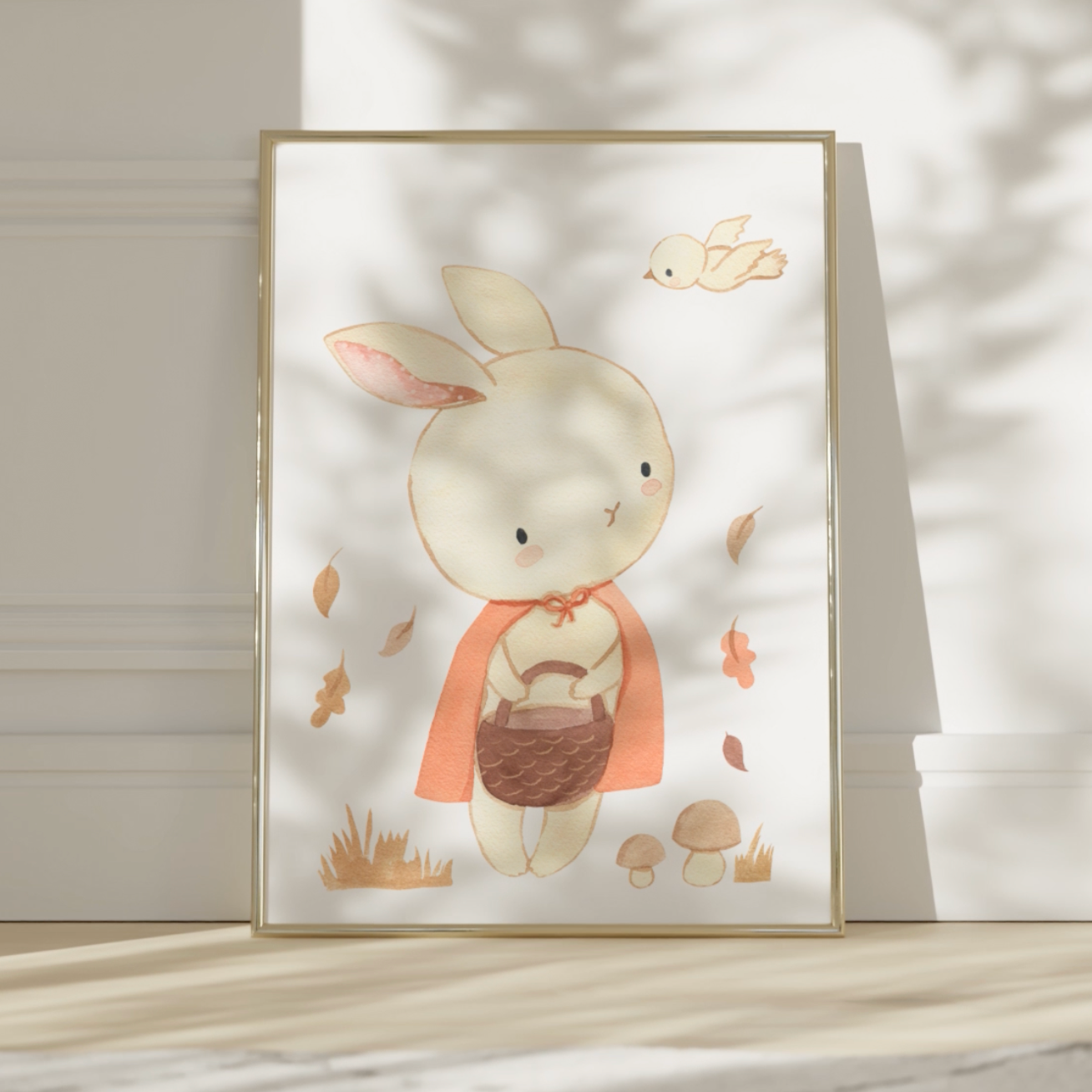 Poster Hase Rotkäppchen in A4 & A3: Aquarell Hase mit Korb und rotem Umhang im Herbst, ideal für Kinderzimmer.  Video