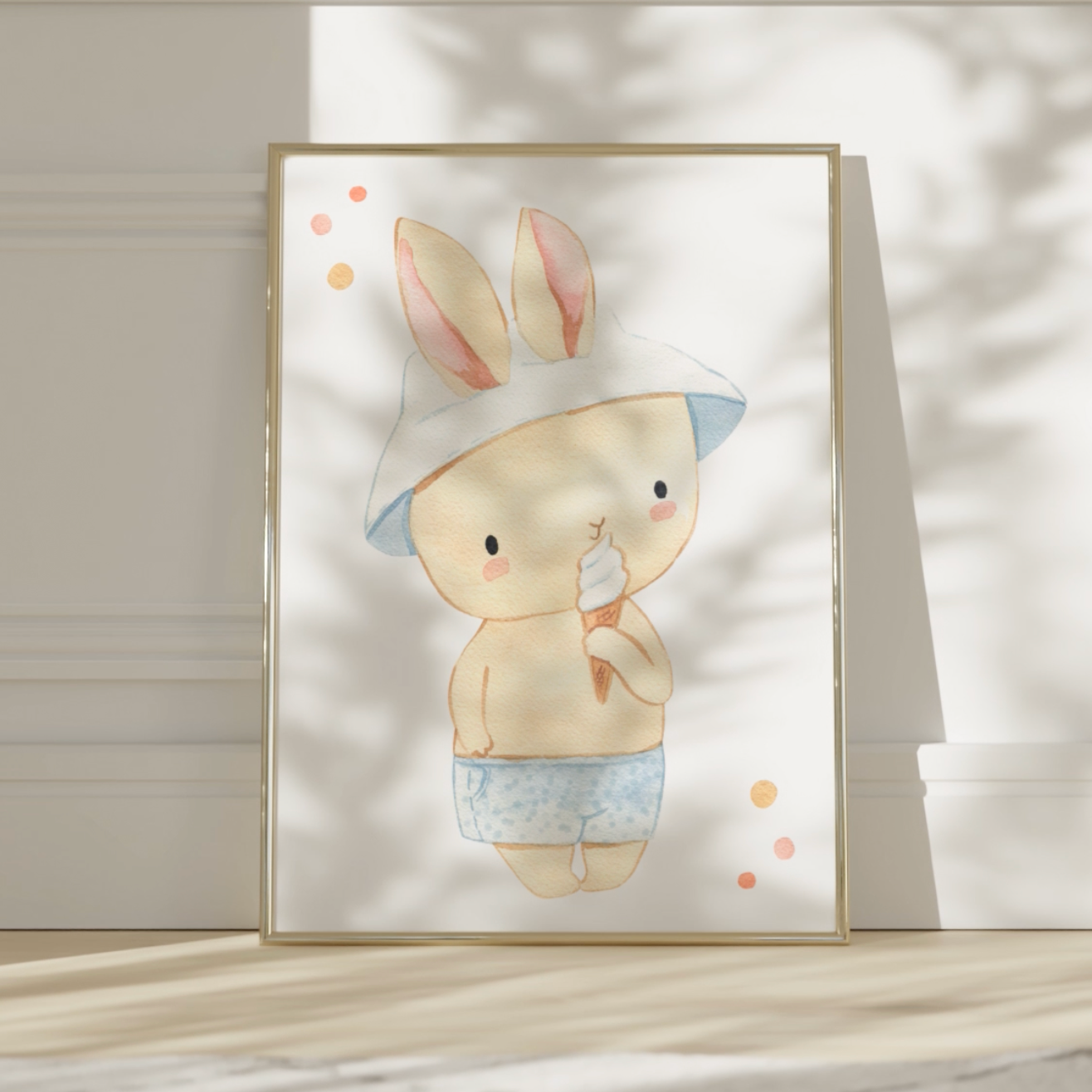 Poster Hase mit Eis A4 & A3 Handgemaltes Kinderposter : Hase, der ein Eis isst. Perfekt für Kinderzimmerdeko. Gedruckt auf hochwertigem 300g Naturpapier. Video