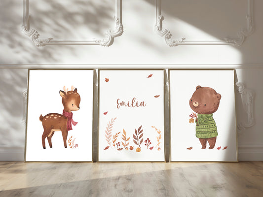Waldtiere – personalisiertes Poster 3er Set