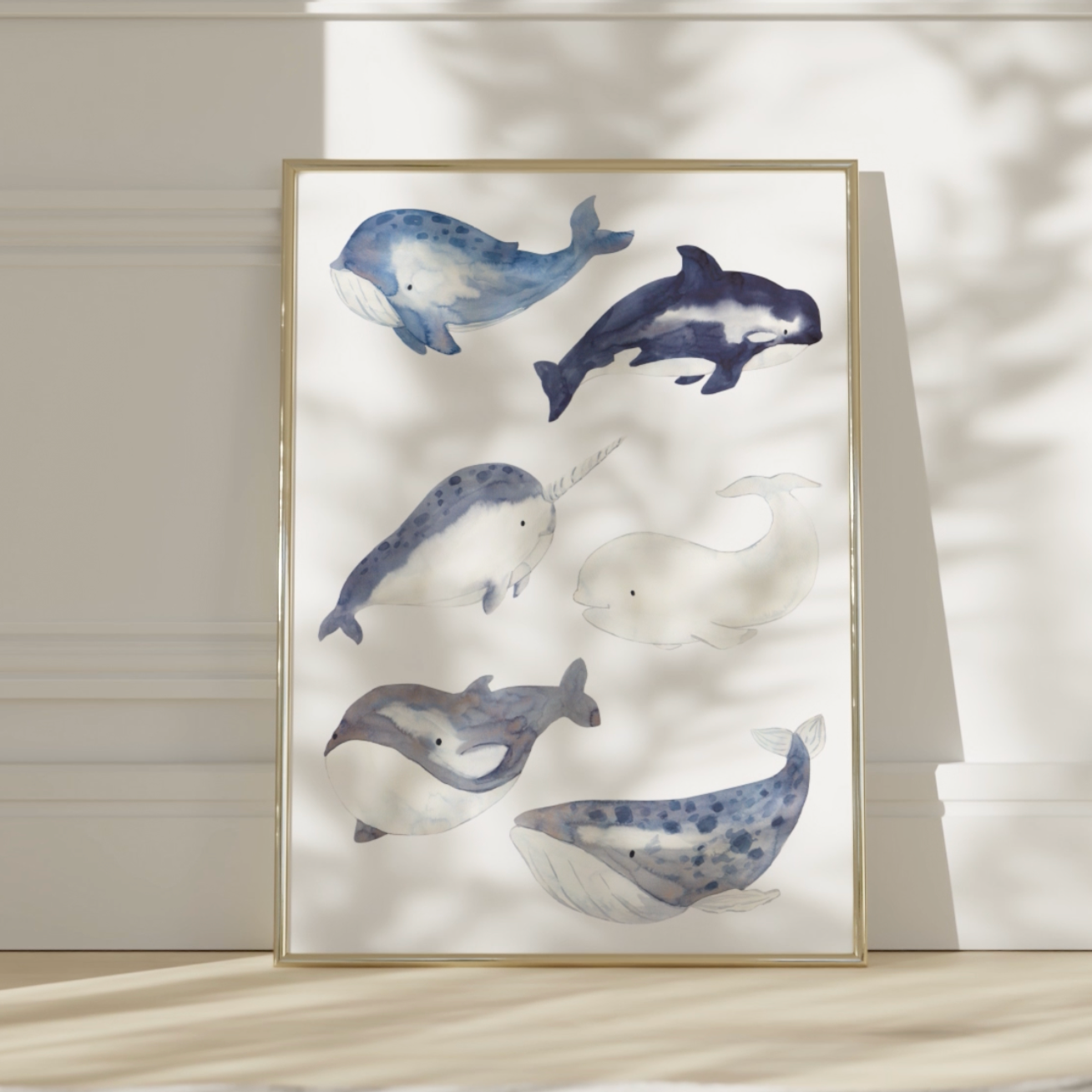 Poster Wale A4 & A3: Sechs handgemalte Wale wie Beispiel. Orca, Narwal und Pottwal, ideal als beruhigende Kinderzimmerdeko, gedruckt auf hochwertigem, mattem 300g Naturpapier. Video