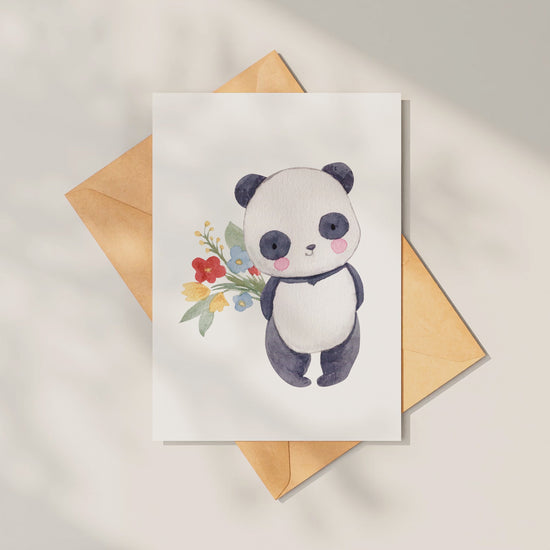 Karte Panda & Blumen A6, handgemalter Aquarell-Panda mit Blumen, inklusive Umschlag. Hochwertiges, mattes 300g Naturpapier.