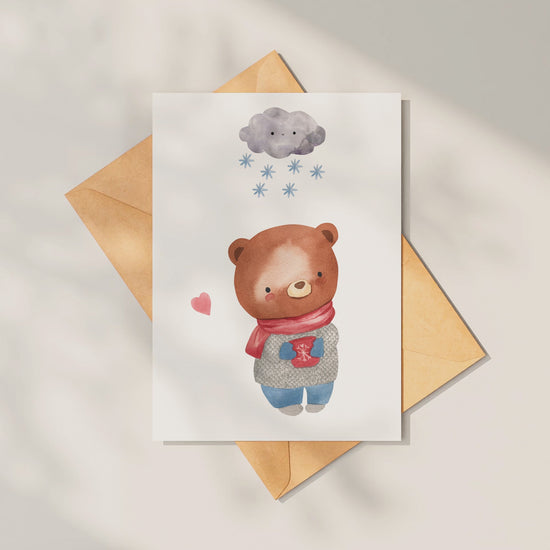 Postkarte Karte Bär im Schnee A6 mit Teddybär-Aquarell, der eine im Schnee. Video.